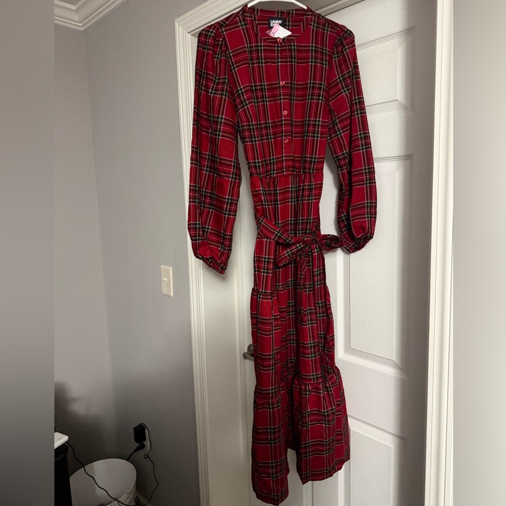 Lands' End Red Plaid Long Sleeve Dress